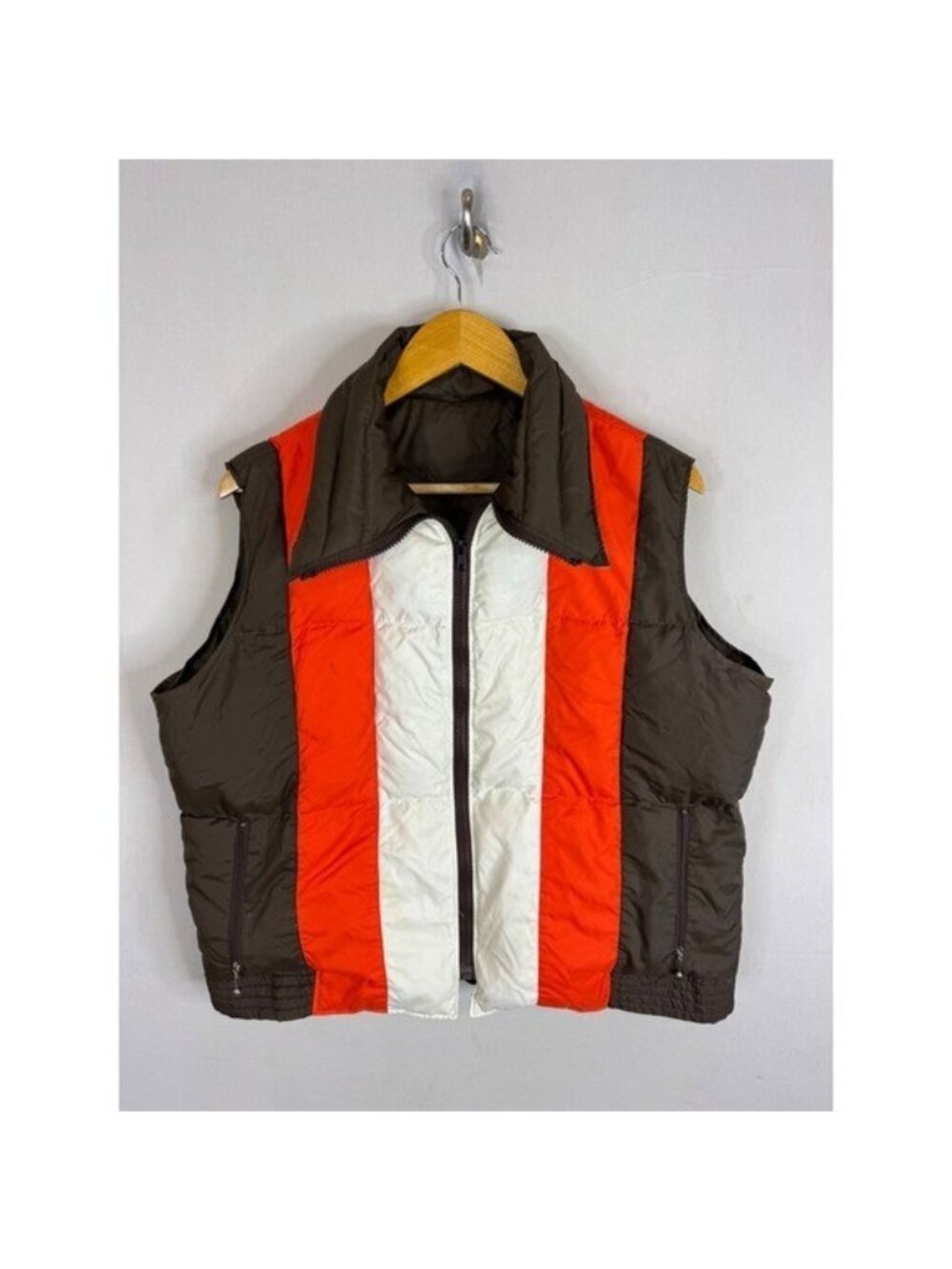 Vintage 70s Colorblock Puffer Down Vest Brown Orange White Zip Up Men L